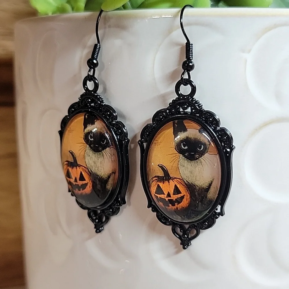 SIAMESE CAT HALLOWEEN PUMPKIN BROOCH DROP EARRINGS